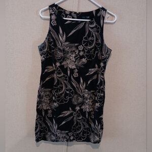 Vintage 90s Eva Blue Petite Size 12 Floral Black and White Sleeveless Dress